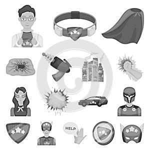 A fantastic superhero monochrome icons in set collection for design. Superhero`s equipment vector symbol stock web