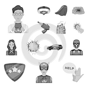 A fantastic superhero monochrome icons in set collection for design. Superhero`s equipment vector symbol stock web