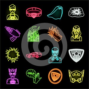 A fantastic superhero neon icons in set collection for design. Superhero`s equipment vector symbol stock web