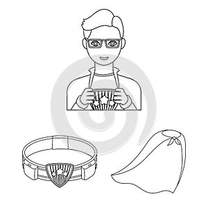 A fantastic superhero outline icons in set collection for design. Superhero equipment vector symbol stock web