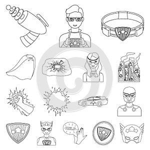 A fantastic superhero outline icons in set collection for design. Superhero`s equipment vector symbol stock web