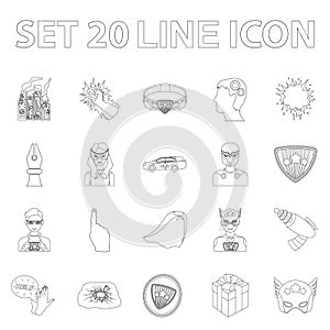 A fantastic superhero outline icons in set collection for design. Superhero`s equipment vector symbol stock web