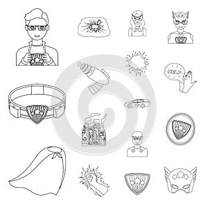 A fantastic superhero outline icons in set collection for design. Superhero`s equipment vector symbol stock web