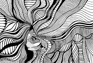 Fantastic surreal girl with wave hair, adult coloring page. Line art doodle style background. Vector hand drawn
