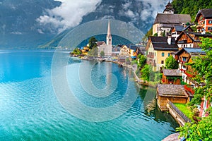 Fantastic touristic alpine village and lake, Hallstatt, Salzkammergut region, Austria