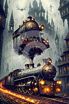 The Fantastic Train Journey through Mysterious Castles and Creatures. AI generated