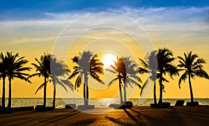 Fantastic tropical beach with palms at sunset