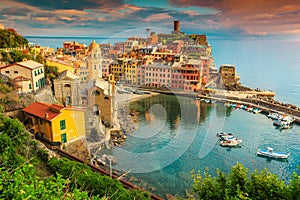 Fantastic Vernazza village with colorful sunset, Cinque Terre, Italy, Europe