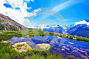 Fantastic view on the background of Mont Blanc in the French Alps, Europe on a sunny morning