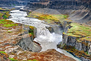 Fantastic  view of canyon  and waterfall Hafragilsfoss