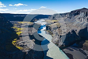 Fantastic view of canyon and waterfall Hafragilsfoss. Location: Vatnajokull National Park, river Jokulsa a Fjollum, Northeast