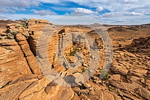 Fantastic view at rock formations and stacked stones on granite hilltops