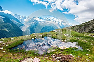 Fantastic view with stones in the water on the background of Mont Blanc in the French Alps, Europe on a sunny morning