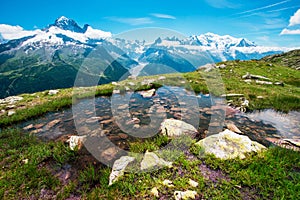 Fantastic view with stones in the water on the background of Mont Blanc in the French Alps, Europe on a sunny morning