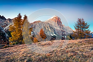 Fantastic view from top of Falzarego pass with Lagazuoi mountain