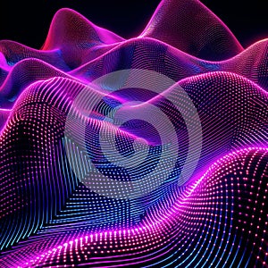 Fantastic wallpaper with colorful laser rays. A 3D digital landscape of neon pink and blue undulating waves composed of
