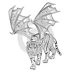 Fantastic warlike tiger with wings. Coloring book. Printable image for logo, tattoo, jewelry, decoration, print. Black and white