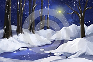 Fantastic Watercolor Style Painting: Snow Forest