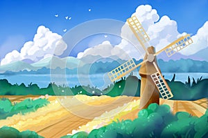 Fantastic Watercolor Style Painting: Wheat Fields and Windmill