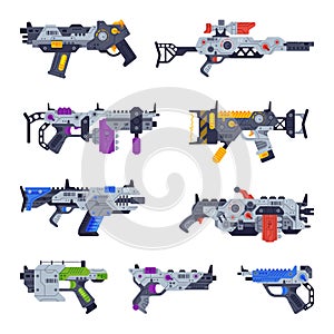 Fantastic Weapon and Raygun as Destructive Energy Gun Vector Set