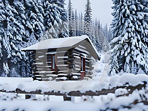 Fantastic winter landscape with glowing wooden cabin in snowy forest. Cozy house in Carpathian mountains. Christmas holiday