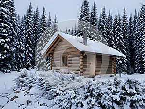 Fantastic winter landscape with glowing wooden cabin in snowy forest. Cozy house in Carpathian mountains. Christmas holiday