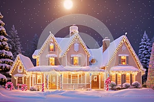 Fantastic winter landscape with glowing wooden cabin in snowy forest. Cozy house in mountains. Beautiful winter house