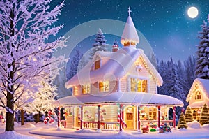Fantastic winter landscape with glowing wooden cabin in snowy forest. Cozy house in mountains. Beautiful winter house