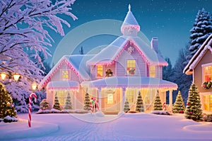 Fantastic winter landscape with glowing wooden cabin in snowy forest. Cozy house in mountains. Beautiful winter house