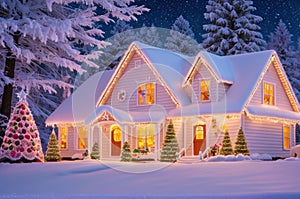 Fantastic winter landscape with glowing wooden cabin in snowy forest. Cozy house in mountains. Beautiful winter house