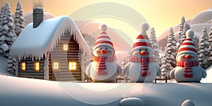 Fantastic winter landscape with glowing wooden house in snowy forest. Snoman Christmas holiday concept