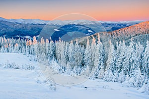 Fantastic winter landscape. Magic sunset in the mountains a frosty day. On the eve of the holiday. The dramatic scene