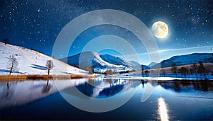 Fantastic winter landscape. Mountain lake at night in full moon light.AI Generated