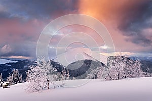 Fantastic winter landscape panorama in snowy mountains