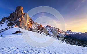 Fantastic winter landscape, Passo Giau with famous Ra Gusela, Nu