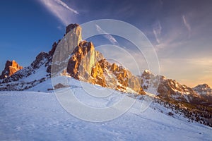 Fantastic winter landscape, Passo Giau with famous Ra Gusela, Nuvolau peaks in background, Dolomites, Italy, Europe