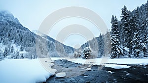 Fantastic winter landscape with snow covered fir trees and mountain river