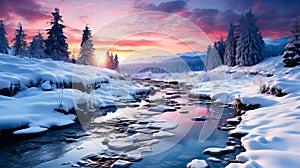 Fantastic winter landscape with snow covered trees. Colorful sunset over mountain river