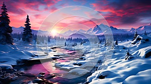 Fantastic winter landscape with snow covered trees. Colorful sunset over mountain river