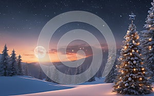 Fantastic winter landscape with snowy fir trees and full moon.