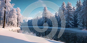 Fantastic winter landscape with snowy trees and lake. Panorama. Beautyful background. Generative AI technology