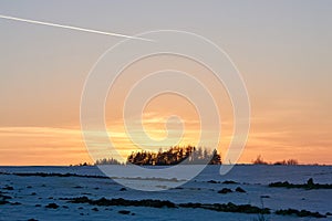 Fantastic winter landscape during sunset. colorful sky glowing by sunlight. Dramatic wintry scene. snow covered trees