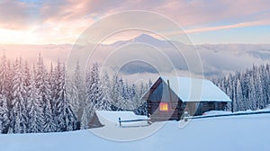 Fantastic winter landscape with wooden house in snowy mountains