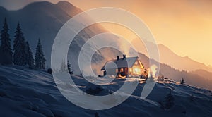 Fantastic winter landscape with wooden house in snowy mountains. Christmas and winter vacations holiday concept. Generative AI
