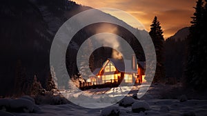 Fantastic winter landscape with wooden house in snowy mountains. Christmas and winter vacations holiday concept. Generative AI
