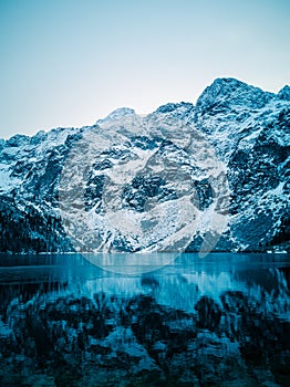 Fantastic winter mountain landscape, Morskie oko lake, Tatra mountains