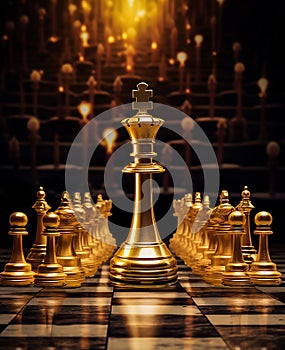 The fantastic world of chess. The chess queen and her retinue. Golden chess. Close-up.