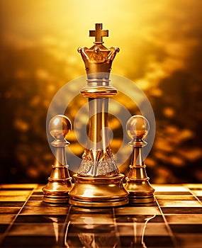 The fantastic world of chess. The chess queen and her retinue. Golden chess. Close-up.