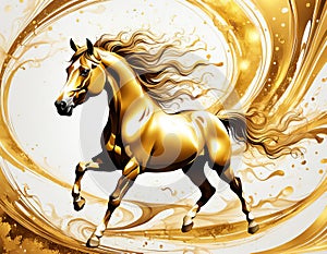 A fantastical digital rendering of a powerful, muscular golden stallion galloping through swirling metallic patterns, glowing with