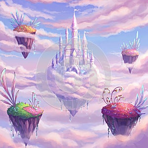 A fantastical, floating castle within a dreamy sky setting. The castle, with multiple